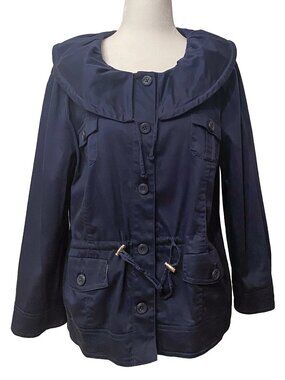 SANDRO Sportswear Navy Blue Oversized Ruffle Collar Utility Jacket - Size L